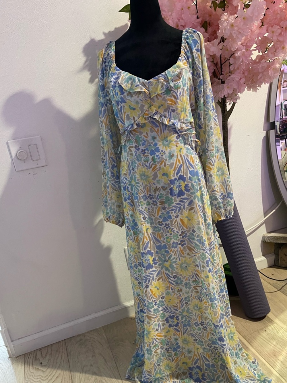 Floral Ruffle Maxi Dress in Blue & Yellow